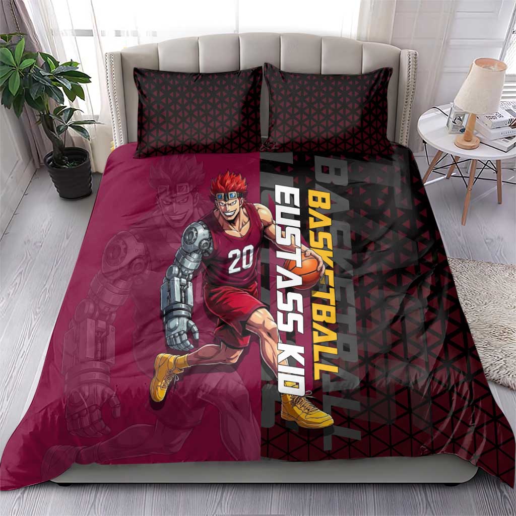 Eustass Kid One Piece Basketball Theme Red and Black Design Bedding Set with Flame Skull Emblem and Mechanical Arm Pose - The Mazicc