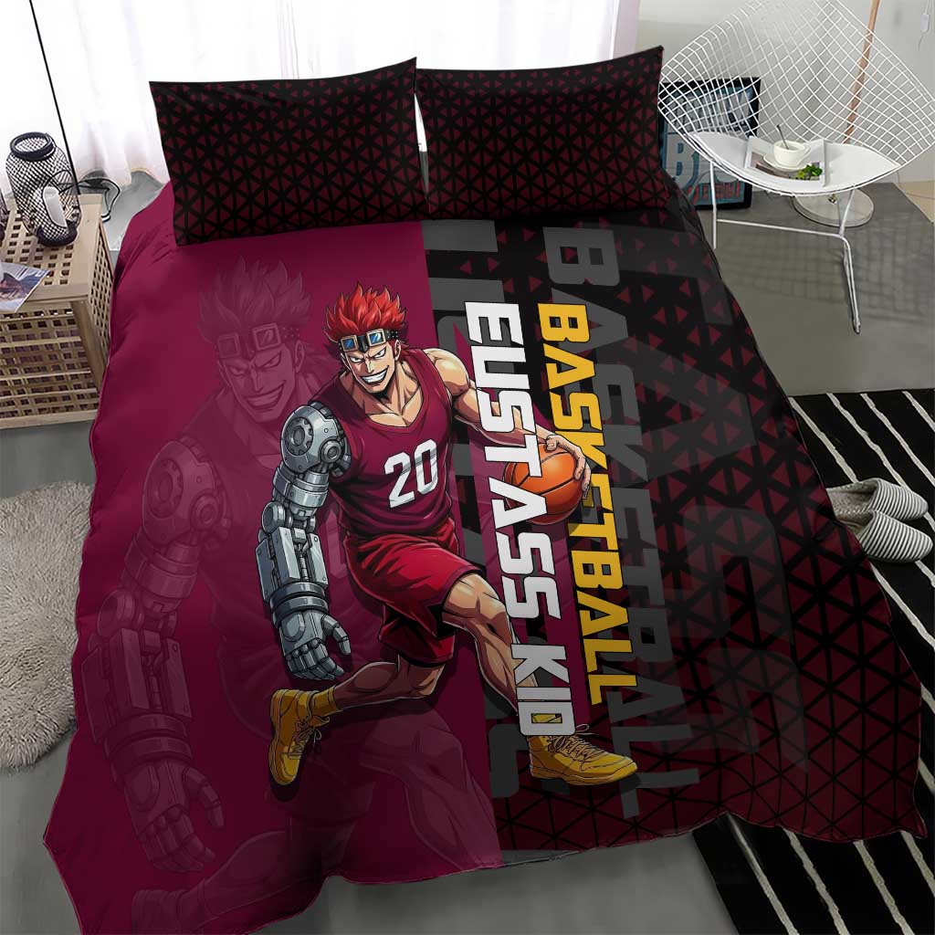 Eustass Kid One Piece Basketball Theme Red and Black Design Bedding Set with Flame Skull Emblem and Mechanical Arm Pose - The Mazicc