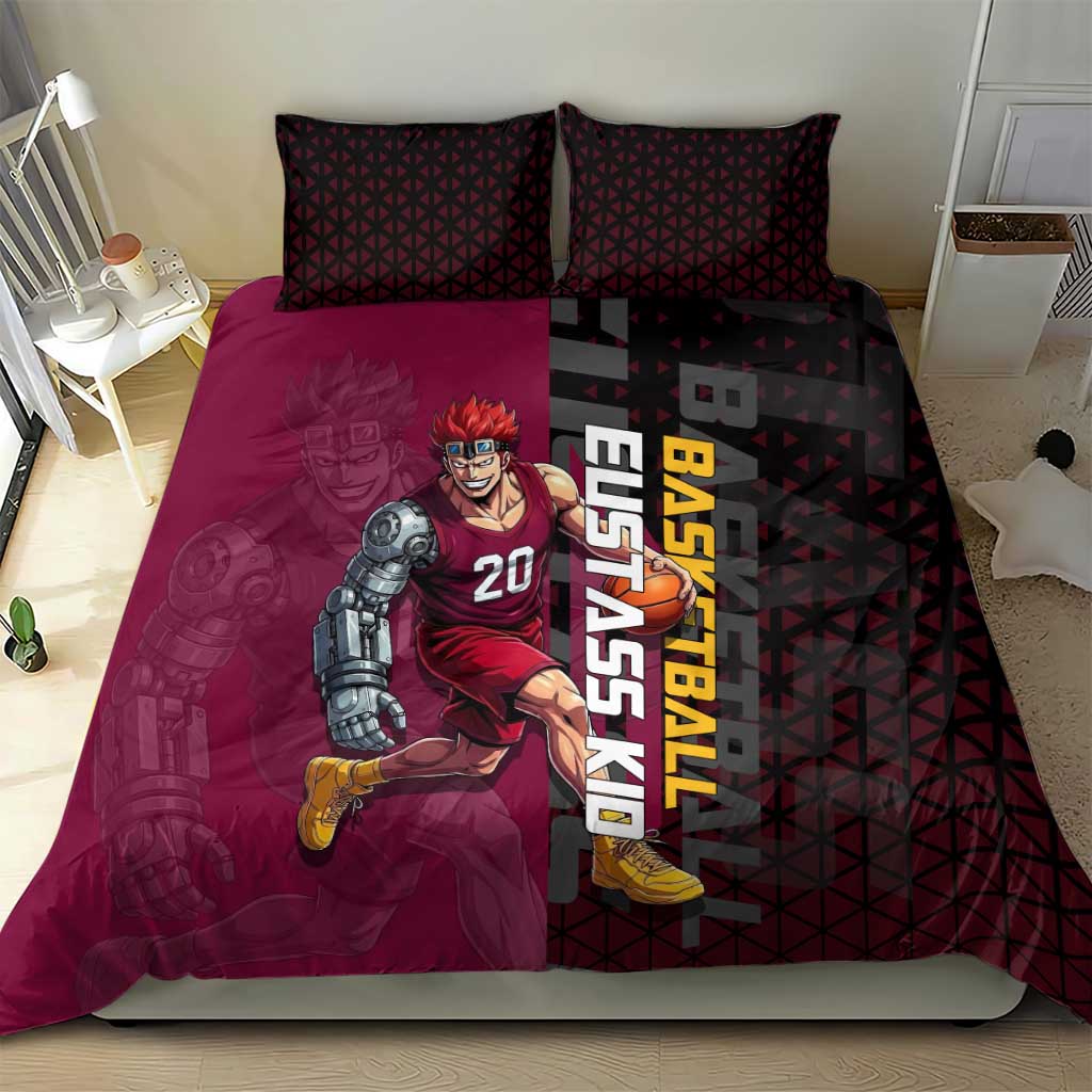 Eustass Kid One Piece Basketball Theme Red and Black Design Bedding Set with Flame Skull Emblem and Mechanical Arm Pose - The Mazicc