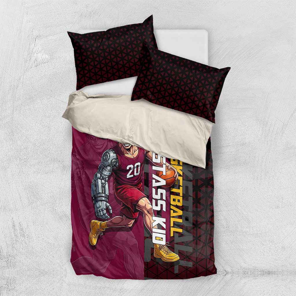 Eustass Kid One Piece Basketball Theme Red and Black Design Bedding Set with Flame Skull Emblem and Mechanical Arm Pose - The Mazicc