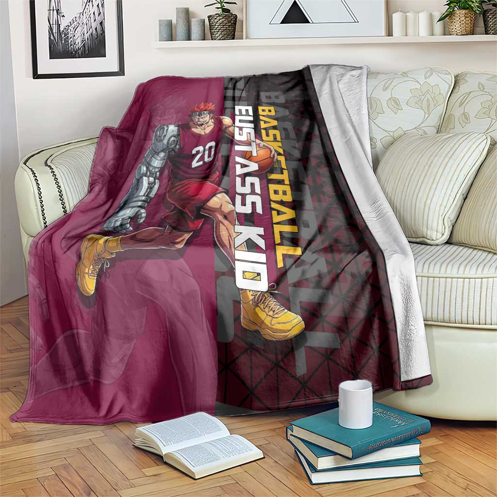 Eustass Kid One Piece Basketball Theme Red and Black Design Blanket with Flame Skull Emblem and Mechanical Arm Pose - The Mazicc