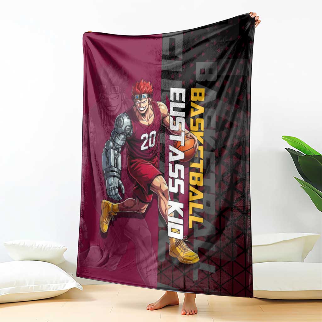 Eustass Kid One Piece Basketball Theme Red and Black Design Blanket with Flame Skull Emblem and Mechanical Arm Pose - The Mazicc