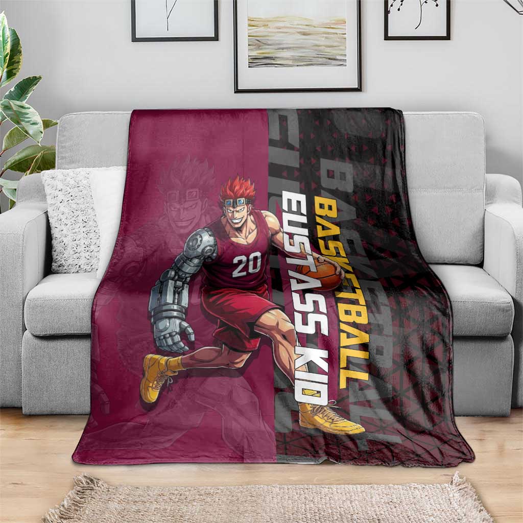 Eustass Kid One Piece Basketball Theme Red and Black Design Blanket with Flame Skull Emblem and Mechanical Arm Pose - The Mazicc