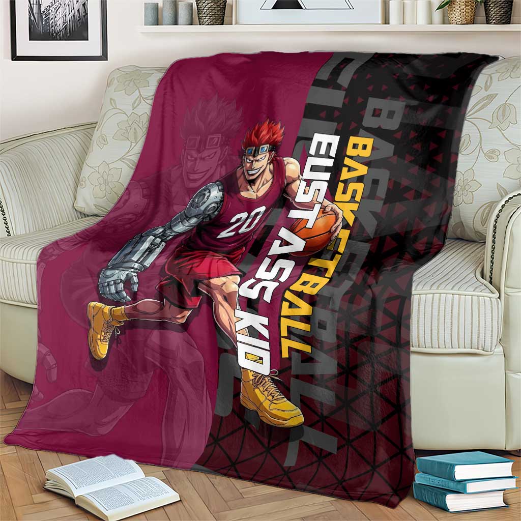 Eustass Kid One Piece Basketball Theme Red and Black Design Blanket with Flame Skull Emblem and Mechanical Arm Pose - The Mazicc