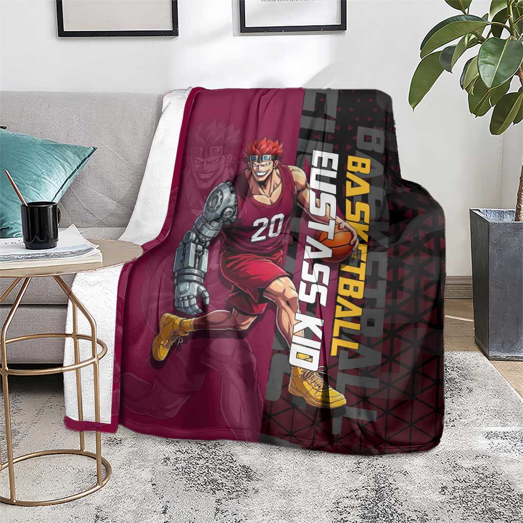 Eustass Kid One Piece Basketball Theme Red and Black Design Blanket with Flame Skull Emblem and Mechanical Arm Pose - The Mazicc