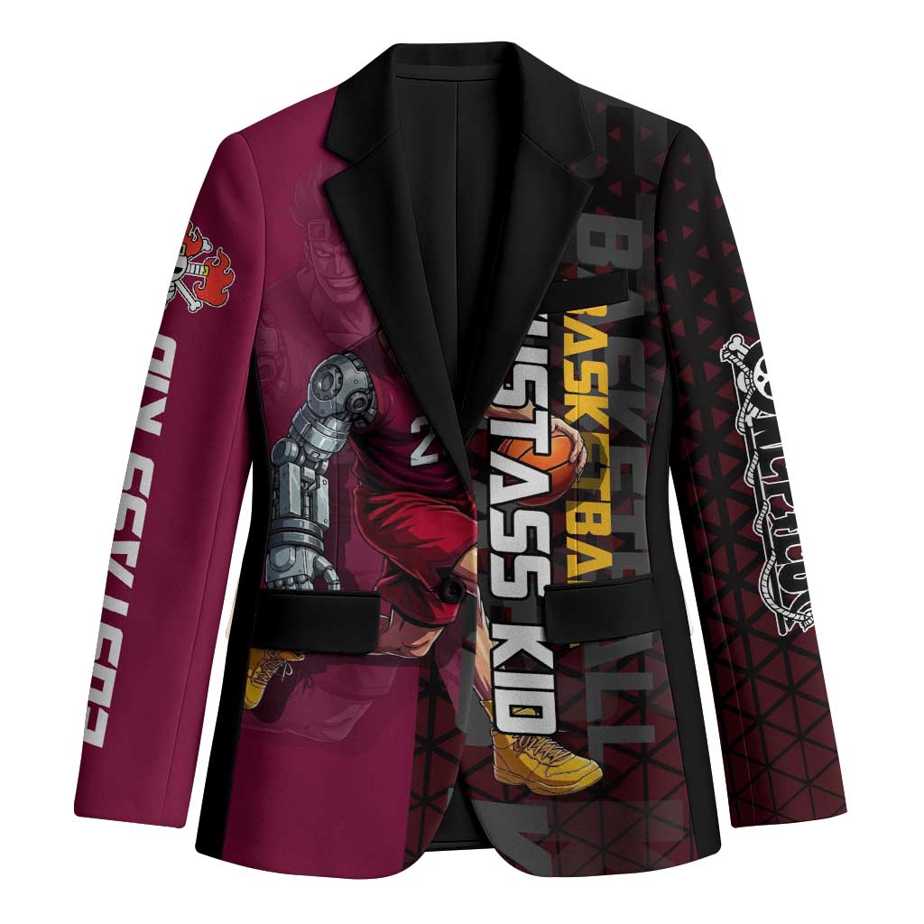 Eustass Kid One Piece Basketball Theme Red and Black Design Blazer with Flame Skull Emblem and Mechanical Arm Pose - The Mazicc