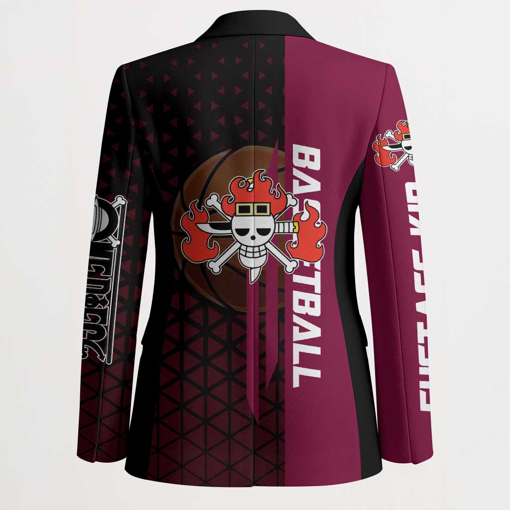 Eustass Kid One Piece Basketball Theme Red and Black Design Blazer with Flame Skull Emblem and Mechanical Arm Pose - The Mazicc