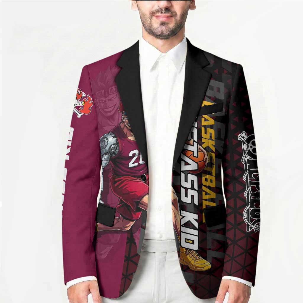 Eustass Kid One Piece Basketball Theme Red and Black Design Blazer with Flame Skull Emblem and Mechanical Arm Pose - The Mazicc