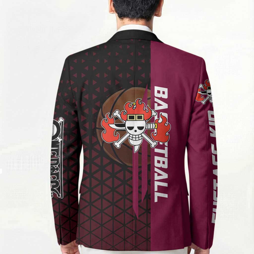 Eustass Kid One Piece Basketball Theme Red and Black Design Blazer with Flame Skull Emblem and Mechanical Arm Pose - The Mazicc