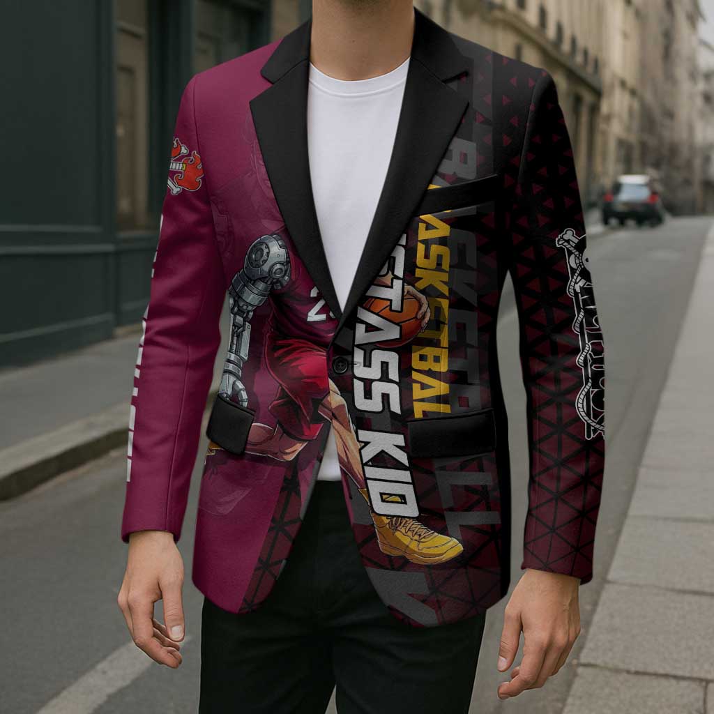 Eustass Kid One Piece Basketball Theme Red and Black Design Blazer with Flame Skull Emblem and Mechanical Arm Pose - The Mazicc
