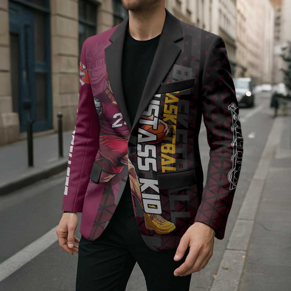 Eustass Kid One Piece Basketball Theme Red and Black Design Blazer with Flame Skull Emblem and Mechanical Arm Pose - The Mazicc