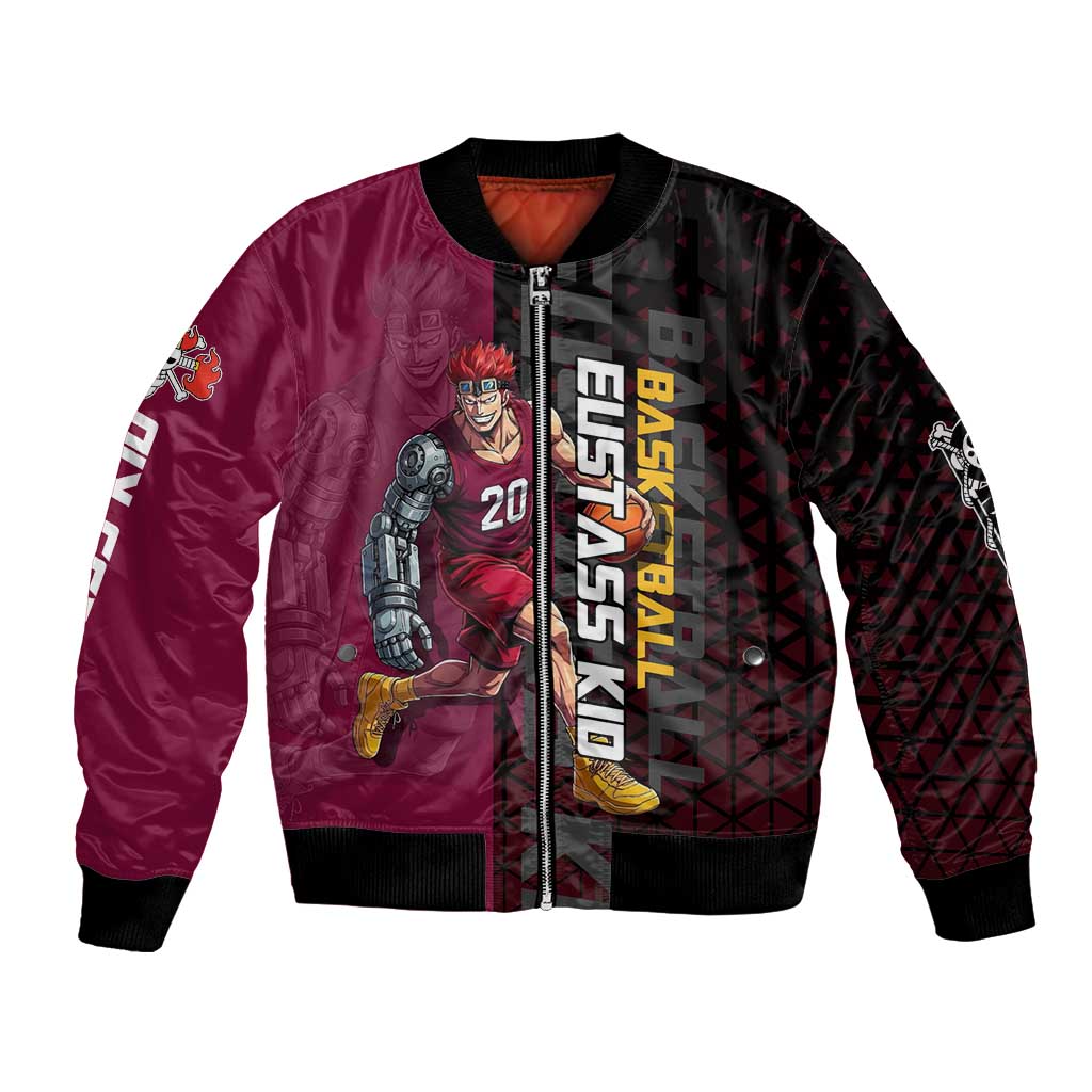 Eustass Kid One Piece Basketball Theme Red and Black Design Bomber Jacket with Flame Skull Emblem and Mechanical Arm Pose - The Mazicc