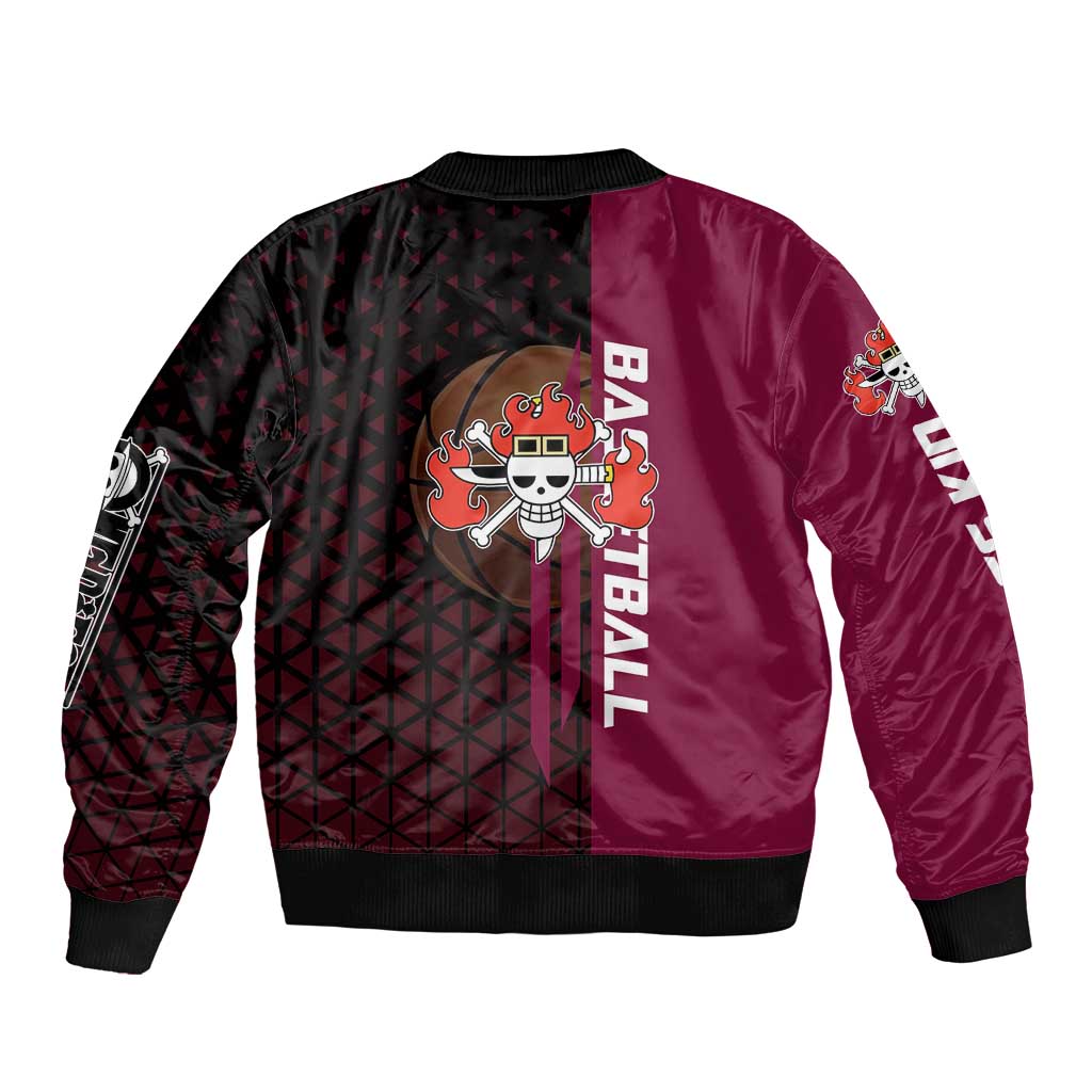 Eustass Kid One Piece Basketball Theme Red and Black Design Bomber Jacket with Flame Skull Emblem and Mechanical Arm Pose - The Mazicc
