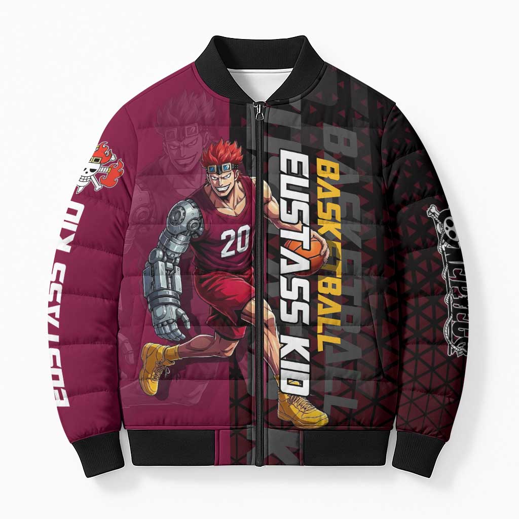 Eustass Kid One Piece Basketball Theme Red and Black Design Bomber Puffer Jacket with Flame Skull Emblem and Mechanical Arm Pose - The Mazicc