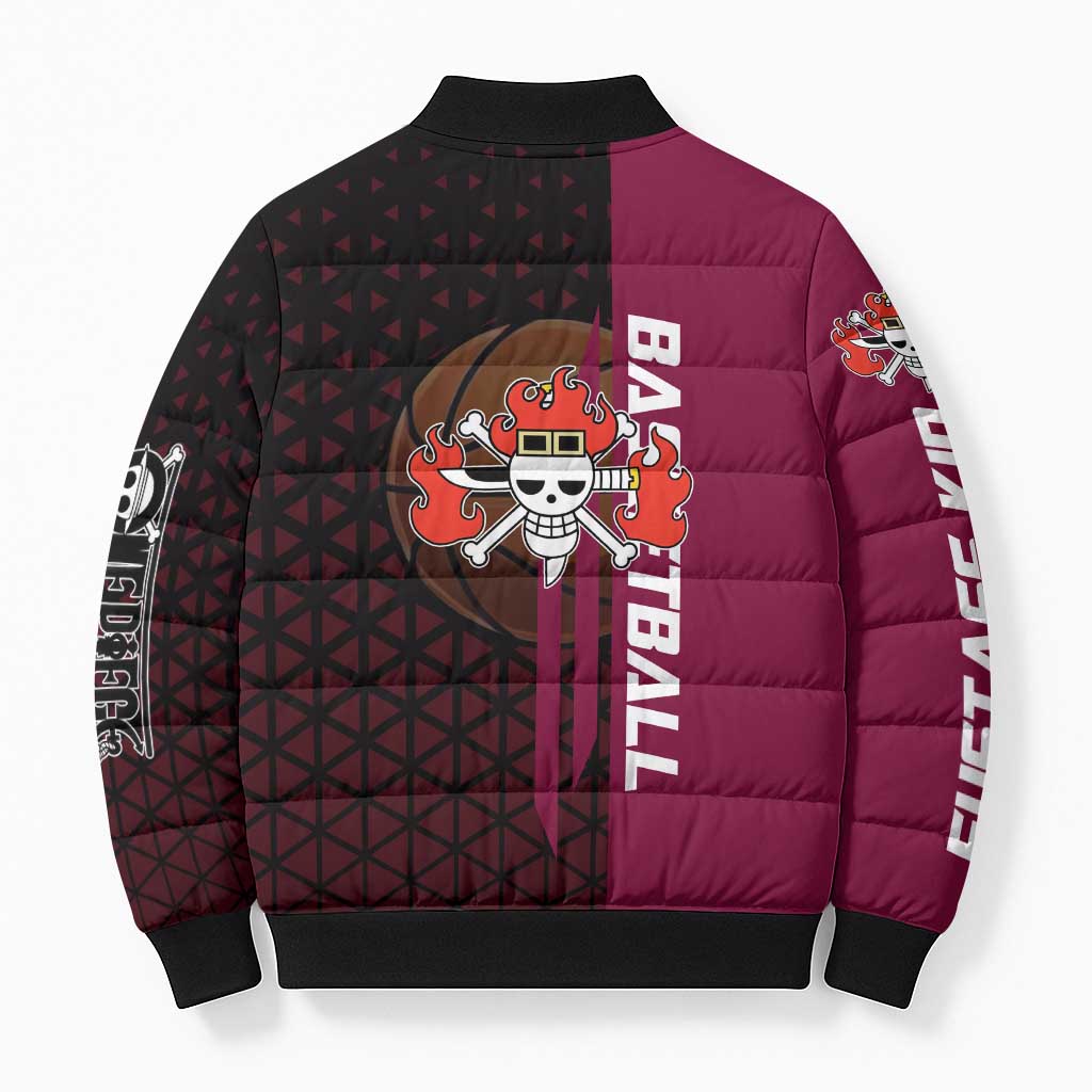Eustass Kid One Piece Basketball Theme Red and Black Design Bomber Puffer Jacket with Flame Skull Emblem and Mechanical Arm Pose - The Mazicc