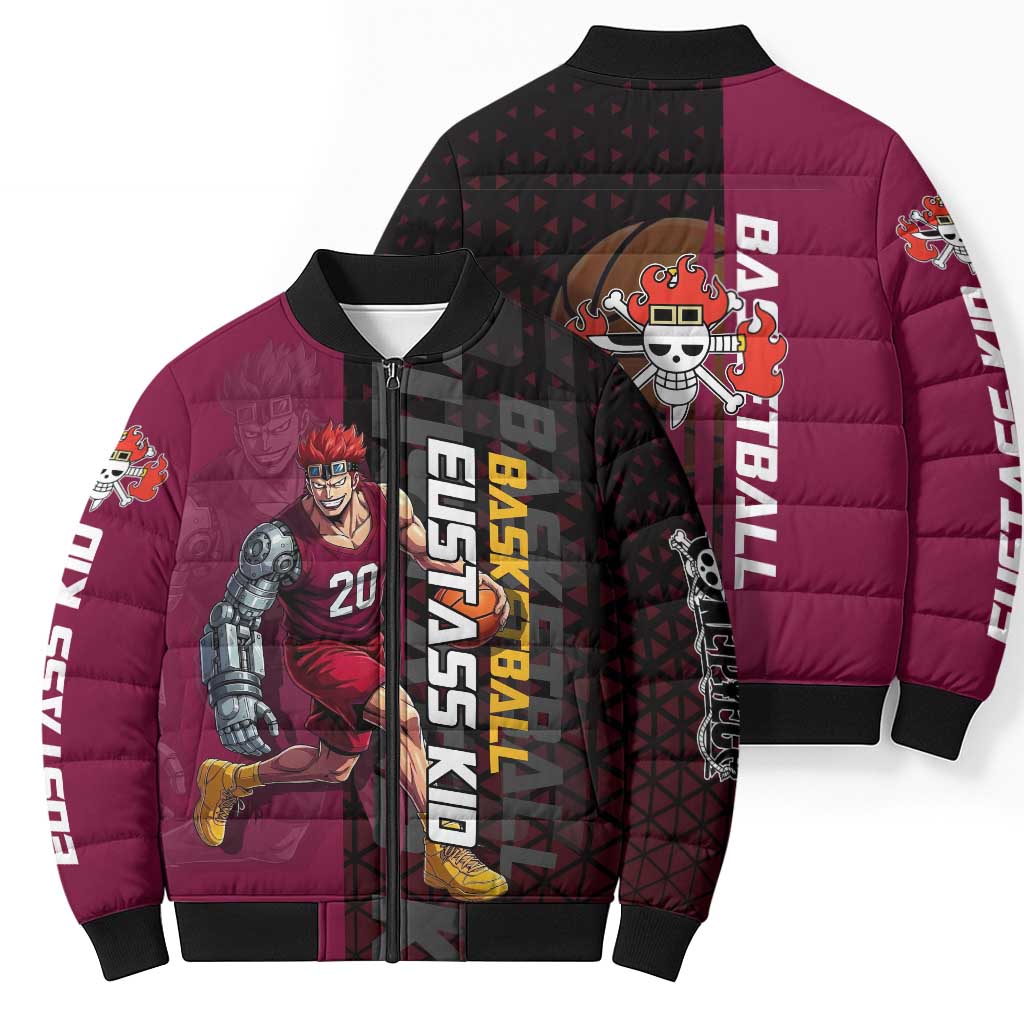 Eustass Kid One Piece Basketball Theme Red and Black Design Bomber Puffer Jacket with Flame Skull Emblem and Mechanical Arm Pose - The Mazicc