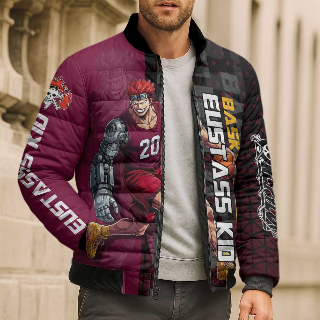 Eustass Kid One Piece Basketball Theme Red and Black Design Bomber Puffer Jacket with Flame Skull Emblem and Mechanical Arm Pose - The Mazicc