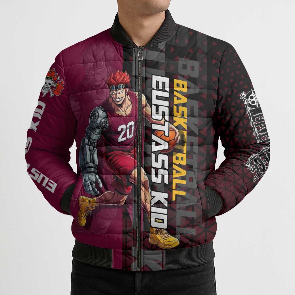 Eustass Kid One Piece Basketball Theme Red and Black Design Bomber Puffer Jacket with Flame Skull Emblem and Mechanical Arm Pose - The Mazicc