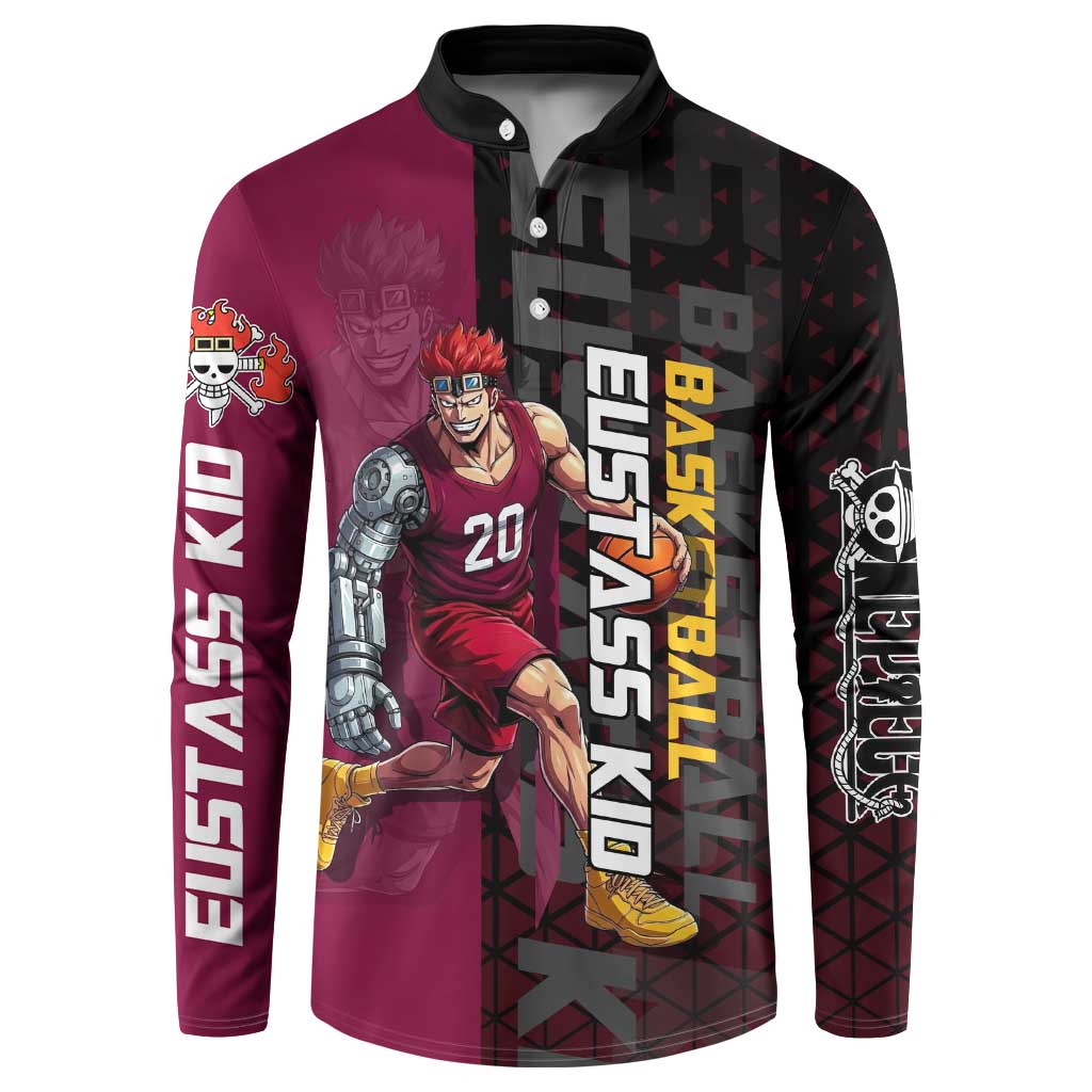 Eustass Kid One Piece Basketball Theme Red and Black Design Button Sweatshirt with Flame Skull Emblem and Mechanical Arm Pose - The Mazicc