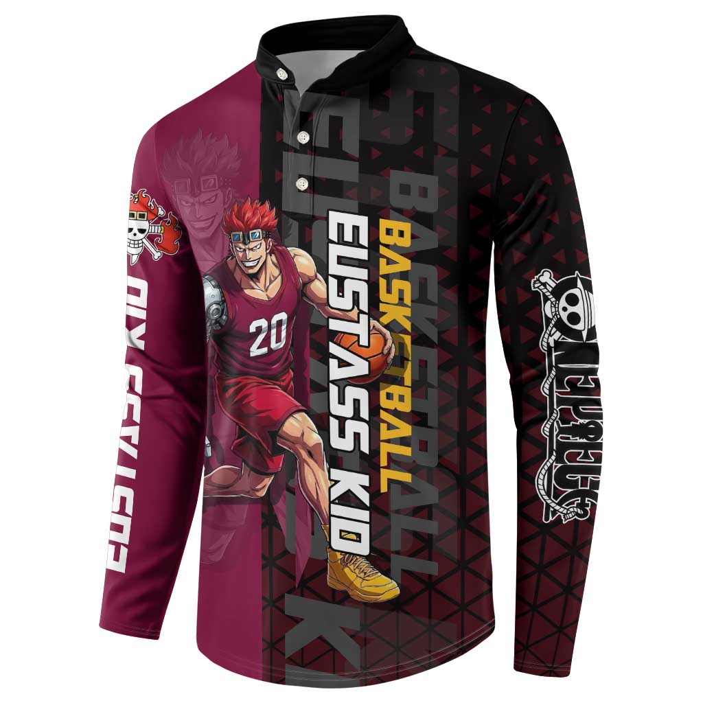Eustass Kid One Piece Basketball Theme Red and Black Design Button Sweatshirt with Flame Skull Emblem and Mechanical Arm Pose - The Mazicc