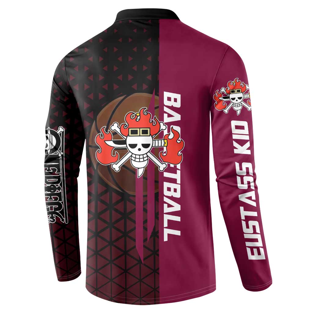 Eustass Kid One Piece Basketball Theme Red and Black Design Button Sweatshirt with Flame Skull Emblem and Mechanical Arm Pose - The Mazicc