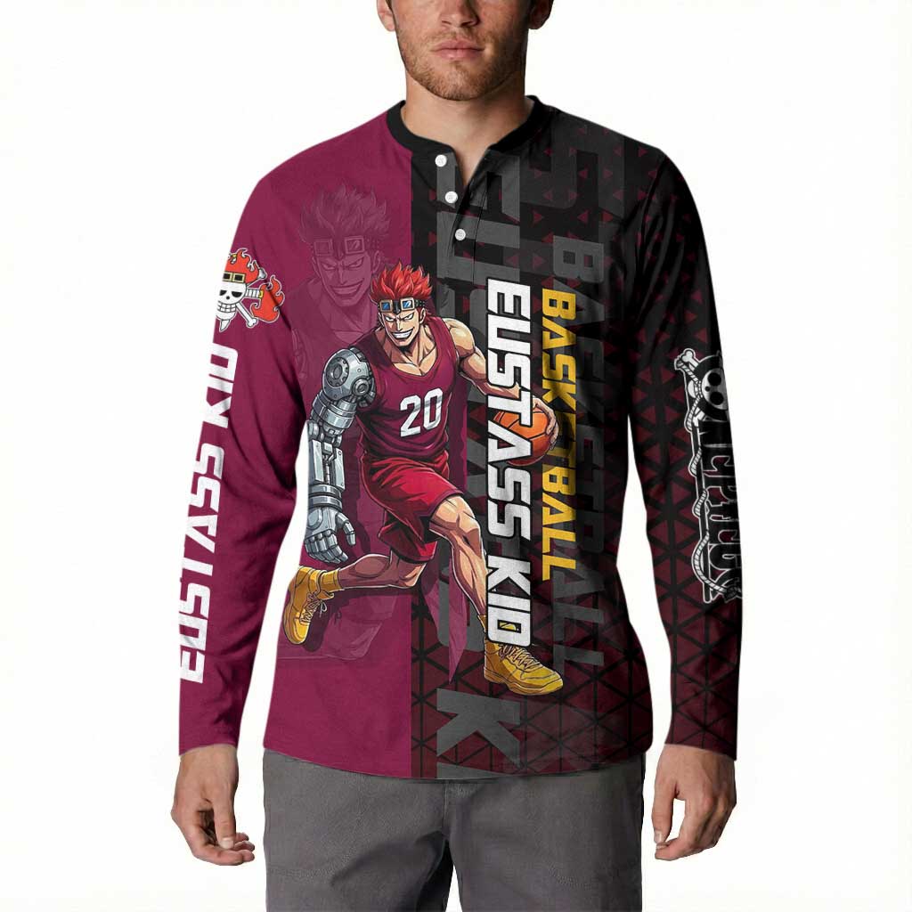 Eustass Kid One Piece Basketball Theme Red and Black Design Button Sweatshirt with Flame Skull Emblem and Mechanical Arm Pose - The Mazicc