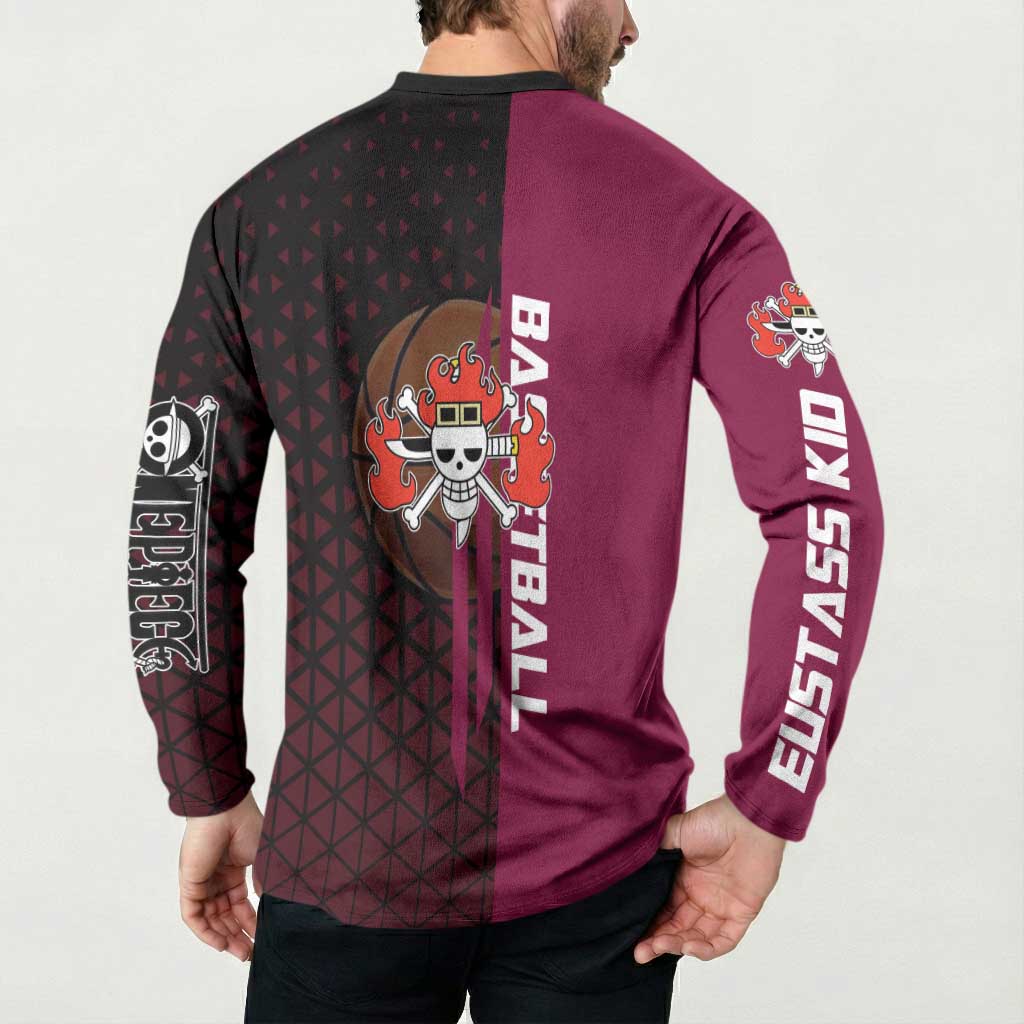 Eustass Kid One Piece Basketball Theme Red and Black Design Button Sweatshirt with Flame Skull Emblem and Mechanical Arm Pose - The Mazicc
