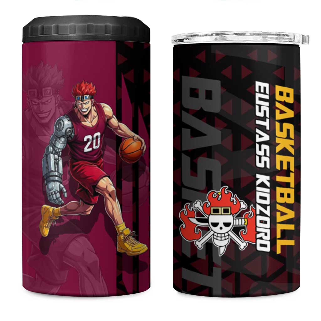 Eustass Kid One Piece Basketball Theme Red and Black Design 4 in 1 Can Cooler Tumbler with Flame Skull Emblem and Mechanical Arm Pose - The Mazicc