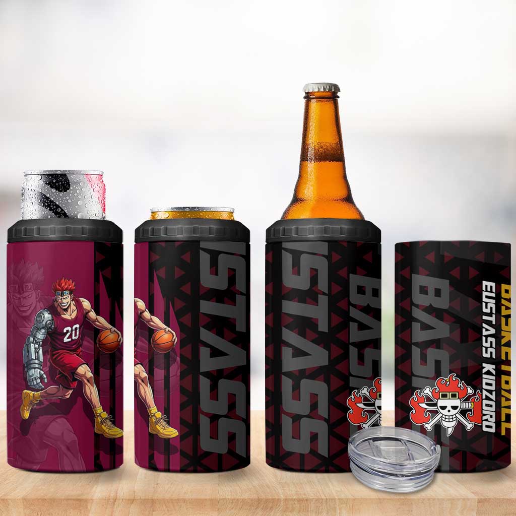 Eustass Kid One Piece Basketball Theme Red and Black Design 4 in 1 Can Cooler Tumbler with Flame Skull Emblem and Mechanical Arm Pose - The Mazicc