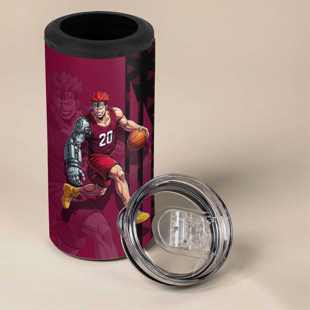 Eustass Kid One Piece Basketball Theme Red and Black Design 4 in 1 Can Cooler Tumbler with Flame Skull Emblem and Mechanical Arm Pose - The Mazicc