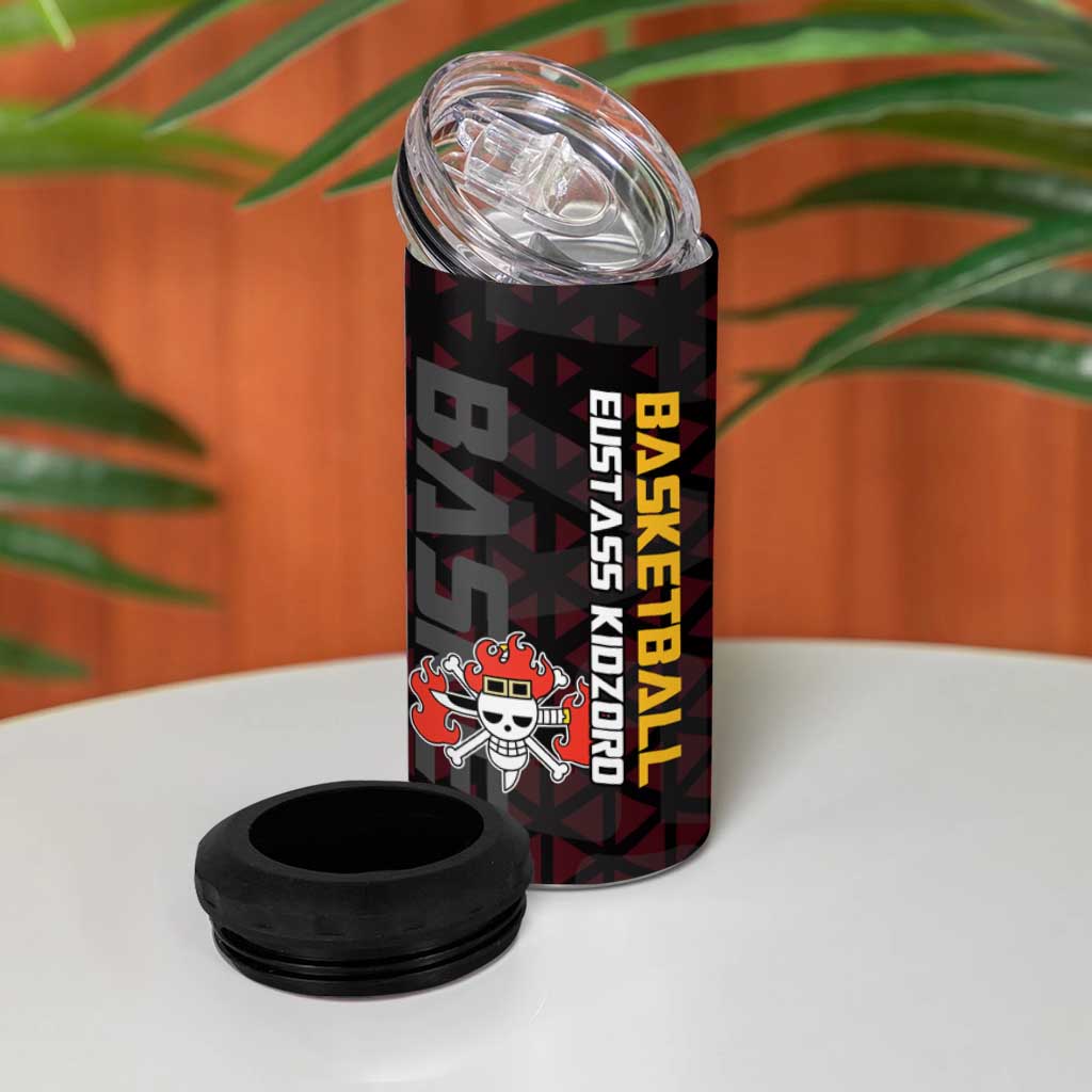 Eustass Kid One Piece Basketball Theme Red and Black Design 4 in 1 Can Cooler Tumbler with Flame Skull Emblem and Mechanical Arm Pose - The Mazicc