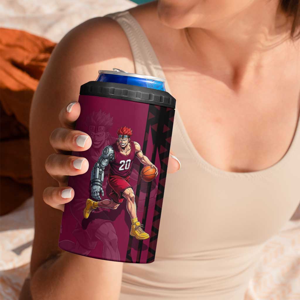 Eustass Kid One Piece Basketball Theme Red and Black Design 4 in 1 Can Cooler Tumbler with Flame Skull Emblem and Mechanical Arm Pose - The Mazicc