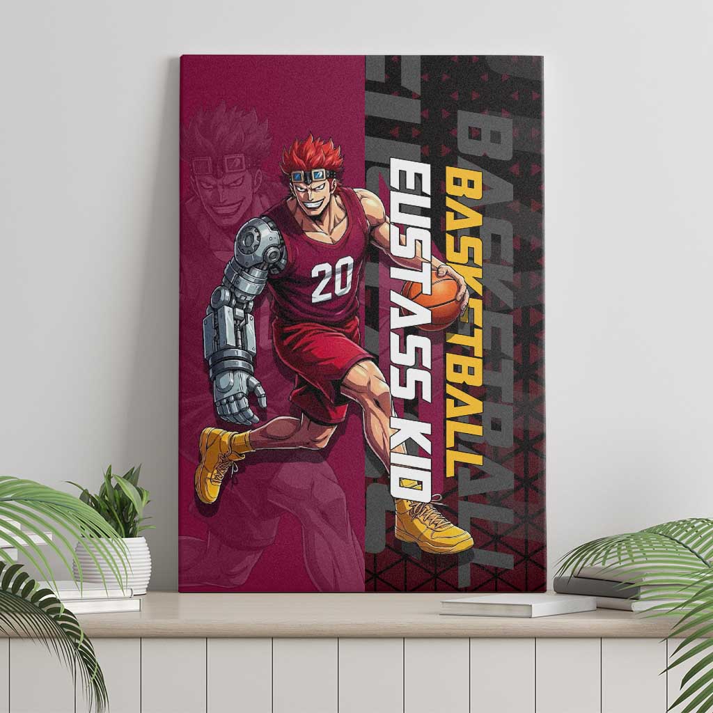 Eustass Kid One Piece Basketball Theme Red and Black Design Canvas Wall Art with Flame Skull Emblem and Mechanical Arm Pose - The Mazicc