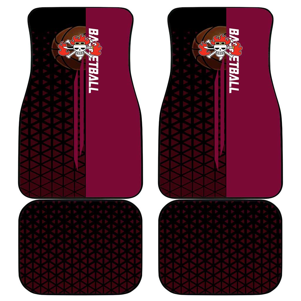 Eustass Kid One Piece Basketball Theme Red and Black Design Car Mats with Flame Skull Emblem and Mechanical Arm Pose - The Mazicc