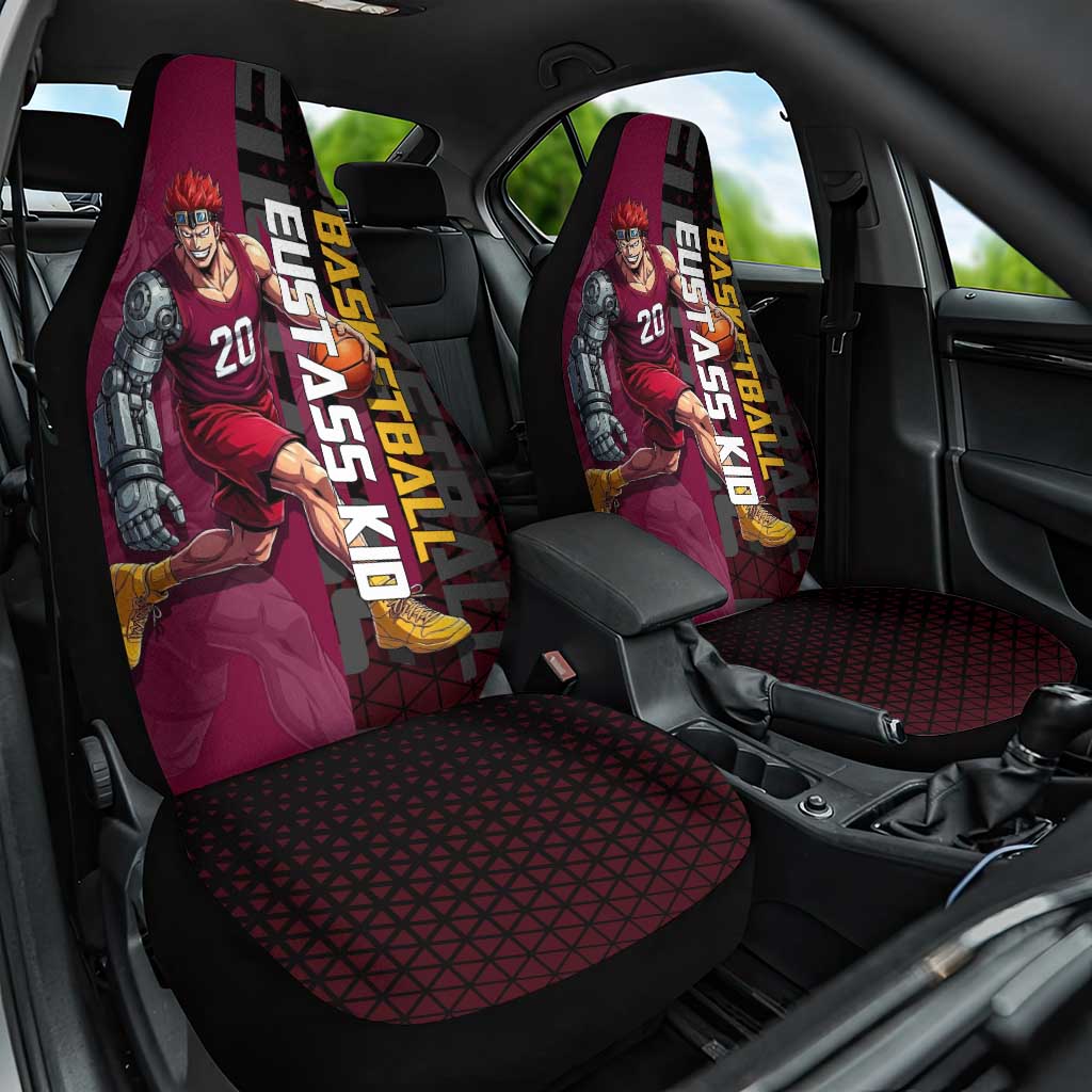 Eustass Kid One Piece Basketball Theme Red and Black Design Car Seat Cover with Flame Skull Emblem and Mechanical Arm Pose - The Mazicc