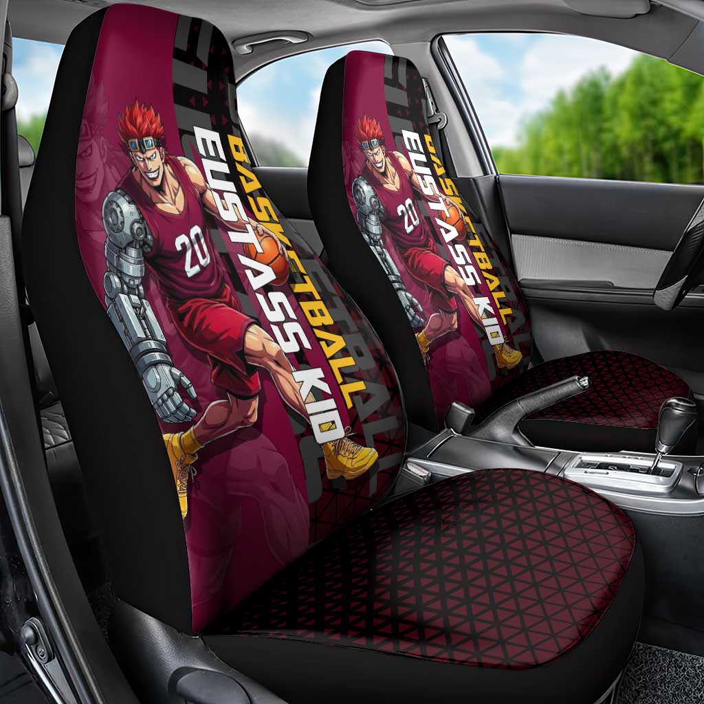 Eustass Kid One Piece Basketball Theme Red and Black Design Car Seat Cover with Flame Skull Emblem and Mechanical Arm Pose - The Mazicc