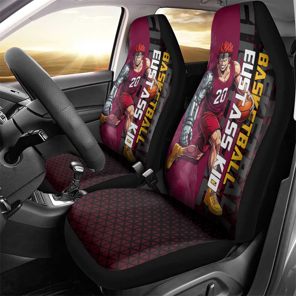 Eustass Kid One Piece Basketball Theme Red and Black Design Car Seat Cover with Flame Skull Emblem and Mechanical Arm Pose - The Mazicc