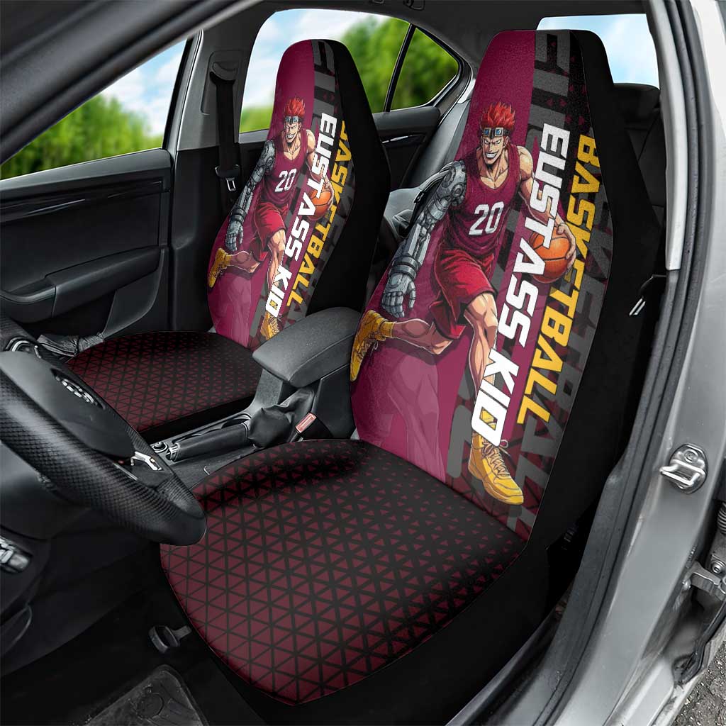 Eustass Kid One Piece Basketball Theme Red and Black Design Car Seat Cover with Flame Skull Emblem and Mechanical Arm Pose - The Mazicc