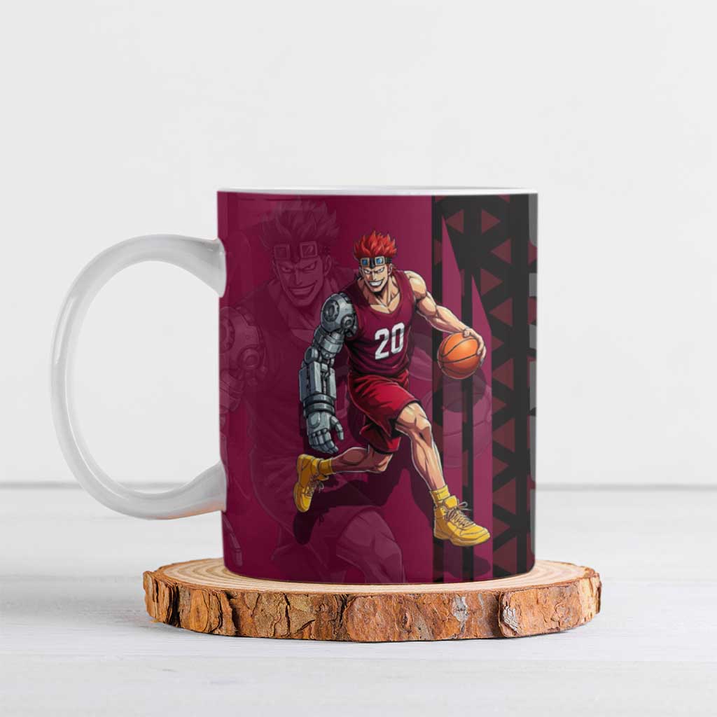 Eustass Kid One Piece Basketball Theme Red and Black Design Ceramic Mug with Flame Skull Emblem and Mechanical Arm Pose - The Mazicc