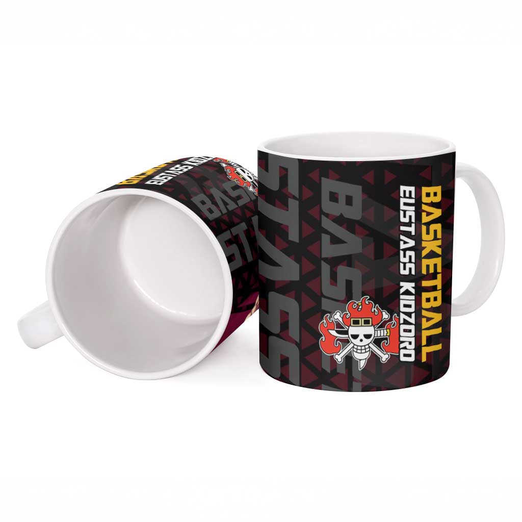 Eustass Kid One Piece Basketball Theme Red and Black Design Ceramic Mug with Flame Skull Emblem and Mechanical Arm Pose - The Mazicc