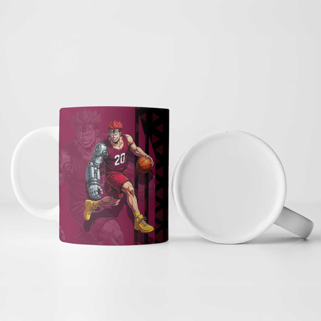 Eustass Kid One Piece Basketball Theme Red and Black Design Ceramic Mug with Flame Skull Emblem and Mechanical Arm Pose - The Mazicc