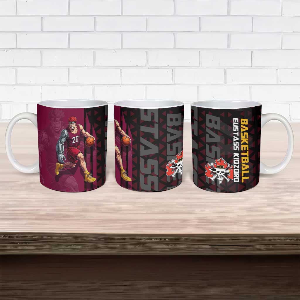 Eustass Kid One Piece Basketball Theme Red and Black Design Ceramic Mug with Flame Skull Emblem and Mechanical Arm Pose - The Mazicc