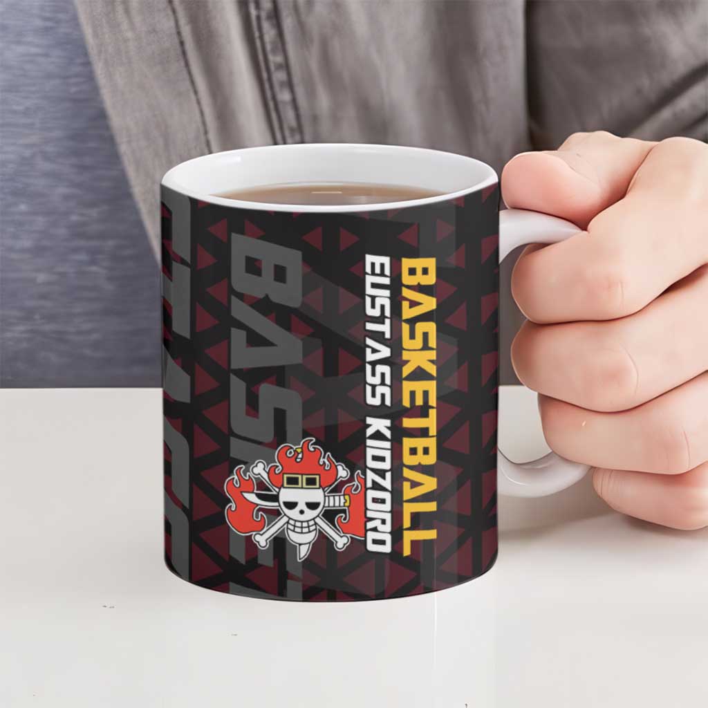 Eustass Kid One Piece Basketball Theme Red and Black Design Ceramic Mug with Flame Skull Emblem and Mechanical Arm Pose - The Mazicc