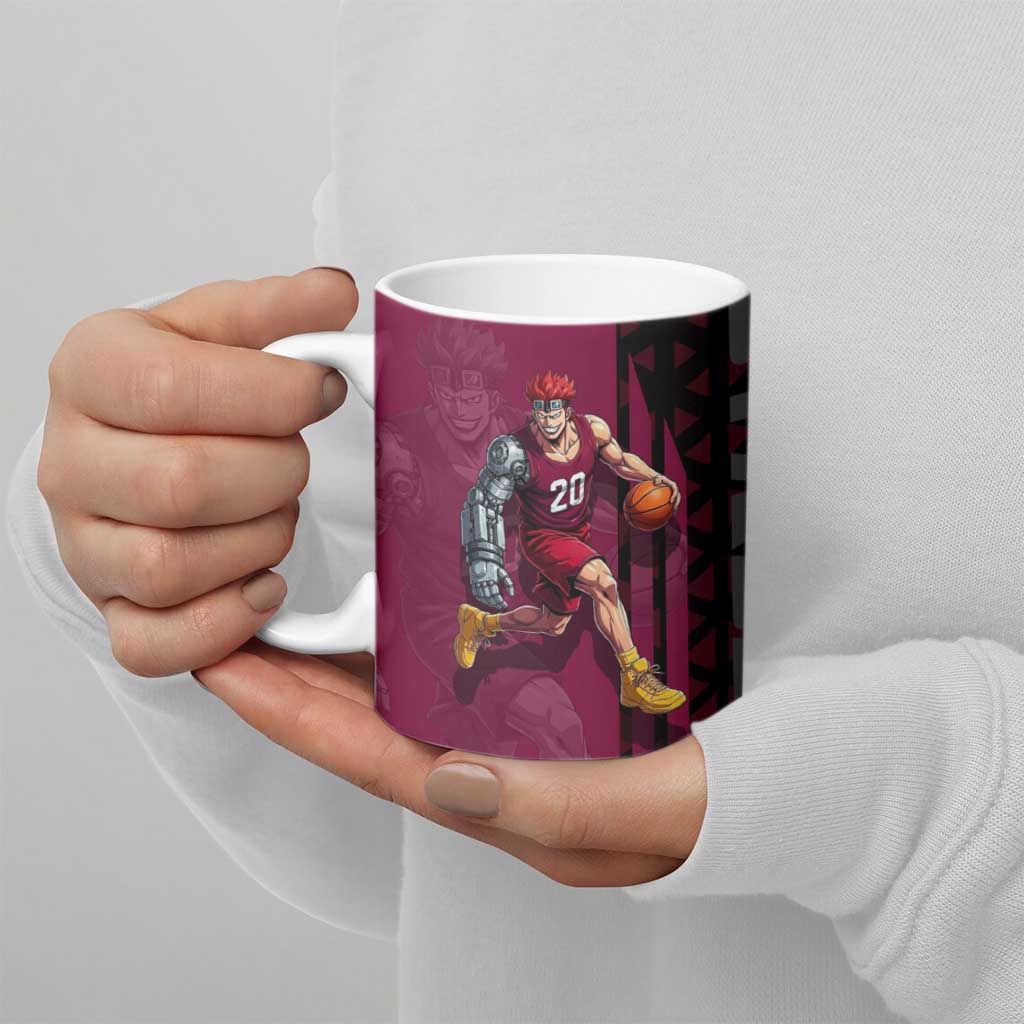 Eustass Kid One Piece Basketball Theme Red and Black Design Ceramic Mug with Flame Skull Emblem and Mechanical Arm Pose - The Mazicc