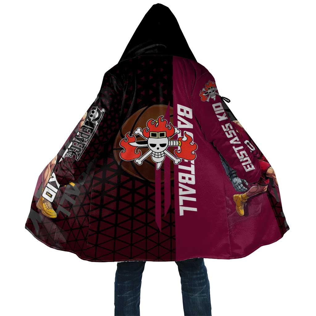 Eustass Kid One Piece Basketball Theme Red and Black Design Cloak with Flame Skull Emblem and Mechanical Arm Pose - The Mazicc