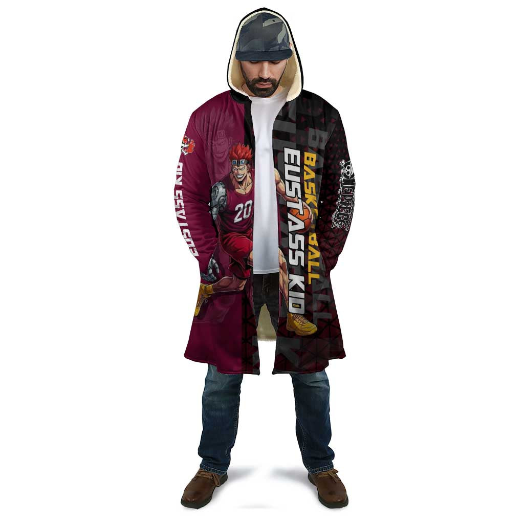 Eustass Kid One Piece Basketball Theme Red and Black Design Cloak with Flame Skull Emblem and Mechanical Arm Pose - The Mazicc