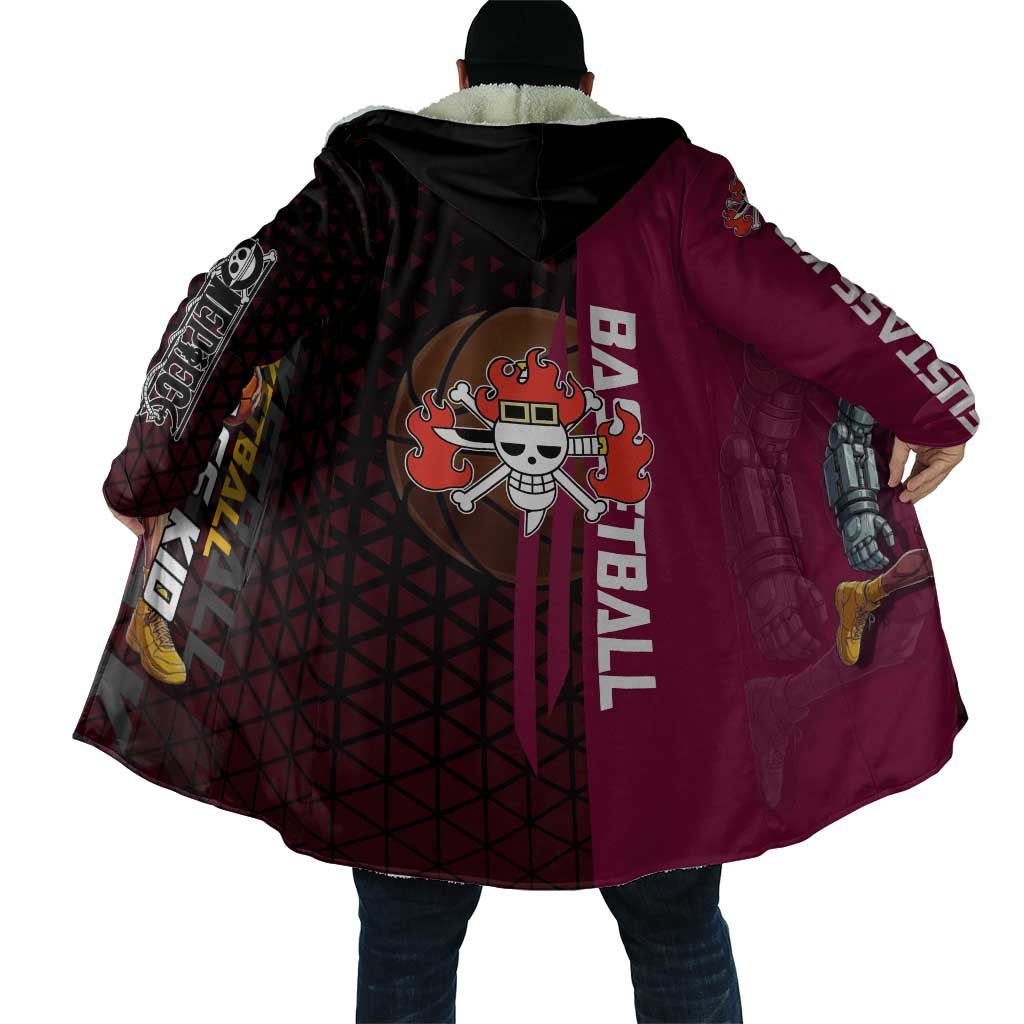 Eustass Kid One Piece Basketball Theme Red and Black Design Cloak with Flame Skull Emblem and Mechanical Arm Pose - The Mazicc
