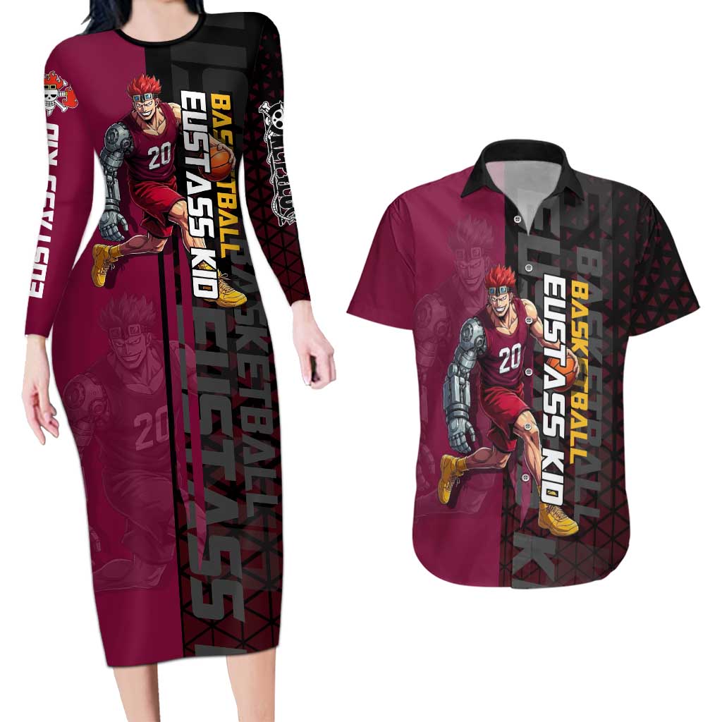 Eustass Kid One Piece Basketball Theme Red and Black Design Couples Matching Long Sleeve Bodycon Dress and Hawaiian Shirt with Flame Skull Emblem and Mechanical Arm Pose - The Mazicc