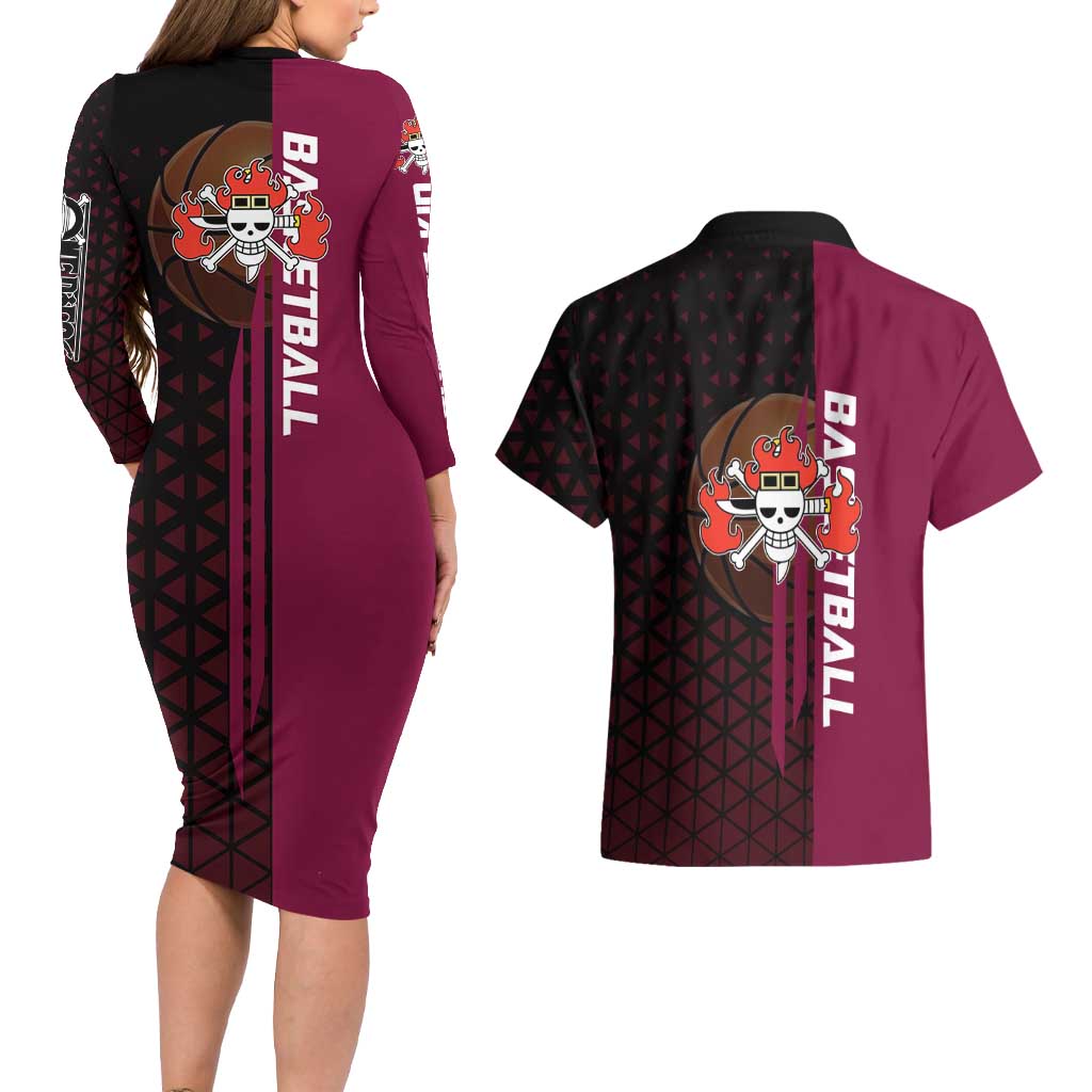 Eustass Kid One Piece Basketball Theme Red and Black Design Couples Matching Long Sleeve Bodycon Dress and Hawaiian Shirt with Flame Skull Emblem and Mechanical Arm Pose - The Mazicc
