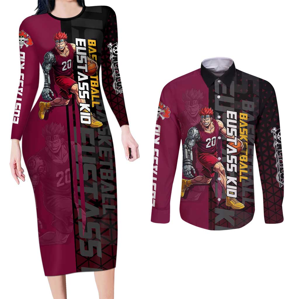 Eustass Kid One Piece Basketball Theme Red and Black Design Couples Matching Long Sleeve Bodycon Dress and Long Sleeve Button Shirt with Flame Skull Emblem and Mechanical Arm Pose - The Mazicc